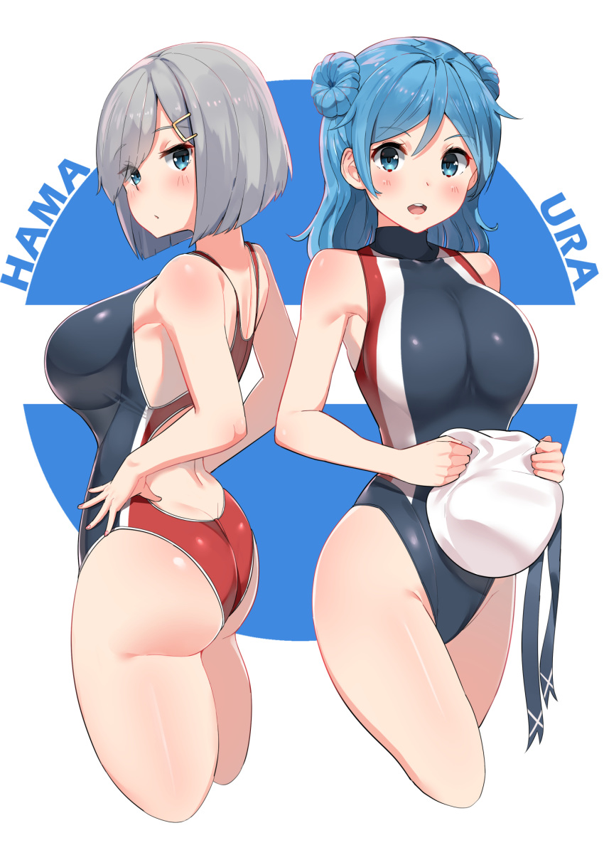 2girls ass back-to-back blue_eyes blue_hair breasts commentary_request competition_swimsuit covered_collarbone cropped_legs double_bun eyebrows_visible_through_hair green_hair hair_ornament hairclip hamakaze_(kantai_collection) hat highres holding holding_hat kantai_collection large_breasts long_hair looking_at_viewer multiple_girls one-piece_swimsuit open_mouth parted_lips revision sailor_hat short_hair soushou_nin swimsuit teeth urakaze_(kantai_collection) white_headwear