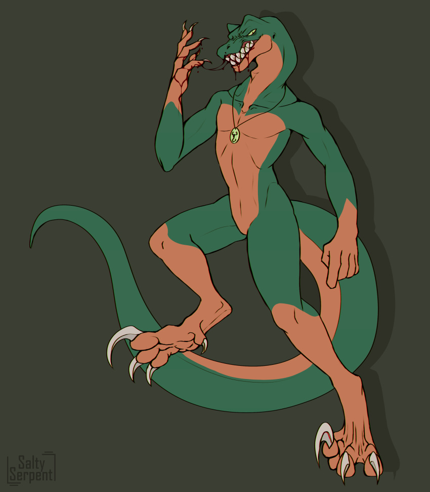 absurd_res anthro blood bodily_fluids claws digital_media_(artwork) dinosaur dromaeosaurid hi_res male reptile saltyserpent scalie solo teeth theropod toe_claws
