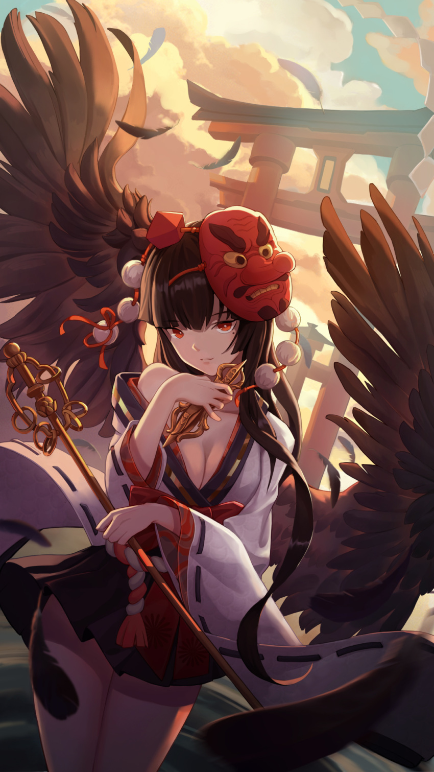 1girl alternate_costume alternate_hair_length alternate_hairstyle bangs bare_shoulders black_hair black_skirt black_wings blackcat_enjia blue_sky breasts cleavage cloud commentary_request cowboy_shot day eyebrows_visible_through_hair feathered_wings feathers hand_up hat highres holding japanese_clothes kimono kourindou_tengu_costume long_hair long_sleeves looking_at_viewer mask mask_on_head medium_breasts miniskirt mole mole_under_eye off_shoulder pleated_skirt pom_pom_(clothes) red_eyes ribbon-trimmed_sleeves ribbon_trim shakujou shameimaru_aya skirt sky solo staff standing tassel tengu_mask thighs tokin_hat torii touhou very_long_hair white_kimono wide_sleeves wings