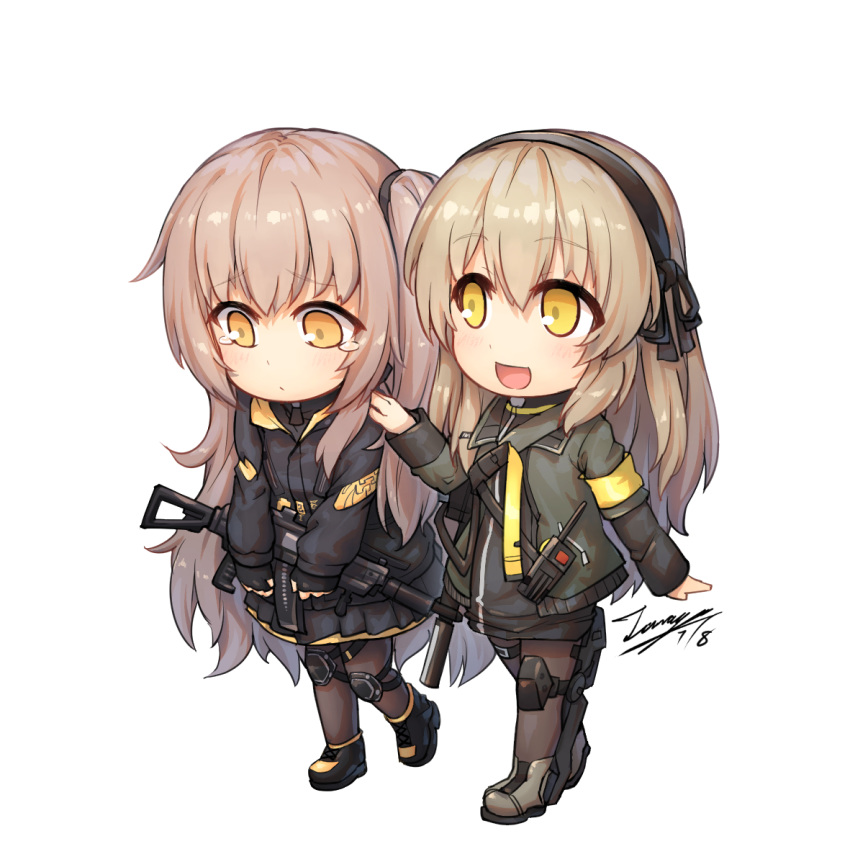 2girls :d bangs black_footwear black_gloves black_hairband black_jacket black_ribbon black_skirt blush boots brown_footwear brown_legwear chibi commentary dated eyebrows_visible_through_hair fingerless_gloves girls_frontline gloves green_jacket gun h&amp;k_ump h&amp;k_ump40 h&amp;k_ump45 hair_between_eyes hairband hand_on_another's_shoulder holding holding_gun holding_weapon jacket light_brown_hair long_hair multiple_girls object_namesake one_side_up open_clothes open_jacket open_mouth orange_eyes pantyhose pleated_skirt ribbon signature simple_background skirt smile submachine_gun tama_yu tears ump40_(girls_frontline) ump45_(girls_frontline) very_long_hair walking weapon white_background yellow_eyes