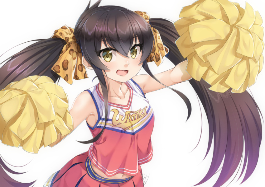 1girl :d animal_print bangs black_hair blush breasts cheerleader collarbone eyebrows_visible_through_hair hair_ribbon idolmaster idolmaster_cinderella_girls leopard_print long_hair looking_at_viewer matoba_risa miri_(ago550421) navel open_mouth pleated_skirt pom_poms red_shirt red_skirt ribbon shirt simple_background skirt sleeveless sleeveless_shirt small_breasts smile solo twintails upper_body white_background yellow_eyes yellow_ribbon