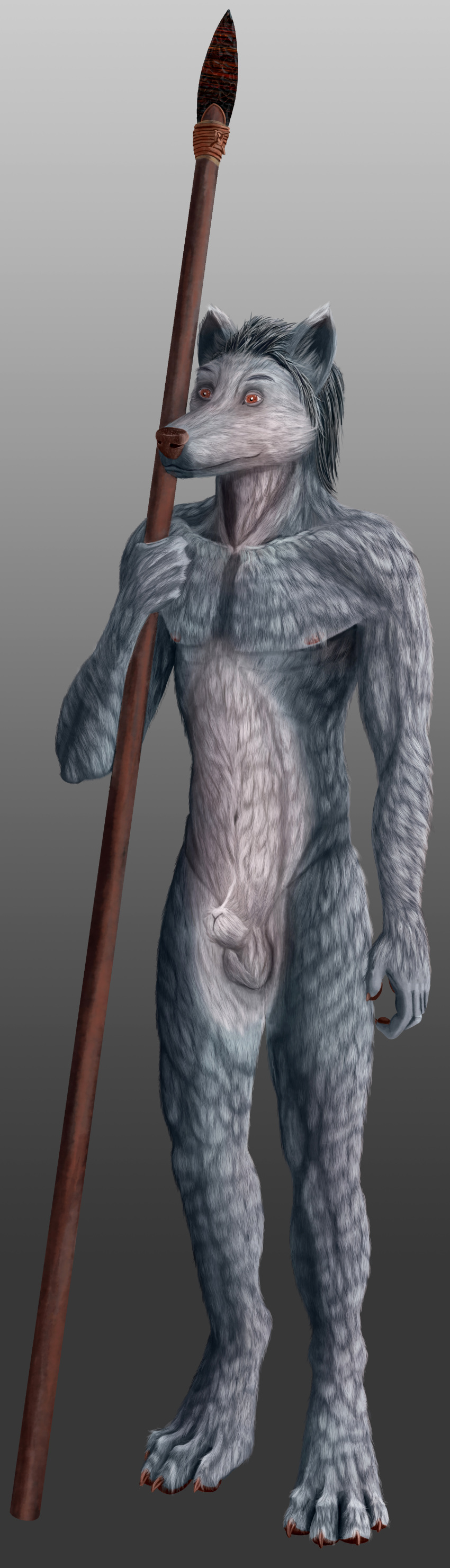 absurd_res animal_genitalia balls canid canine canis hi_res kitchi_itzsu(shadows_of_cruelty) male mammal melee_weapon nude obsidian polearm shadows_of_cruelty sheath solo spear spiffydragon stone weapon wolf