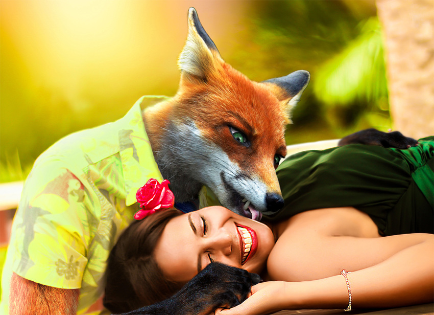 anthro breasts canid canine clothed clothing digital_media_(artwork) disney duo edit female fox fur green_eyes human interspecies licking loryrudess male male/female mammal nick_wilde photo_manipulation photography_(artwork) photomorph real red_fox smile teeth tongue tongue_out zootopia