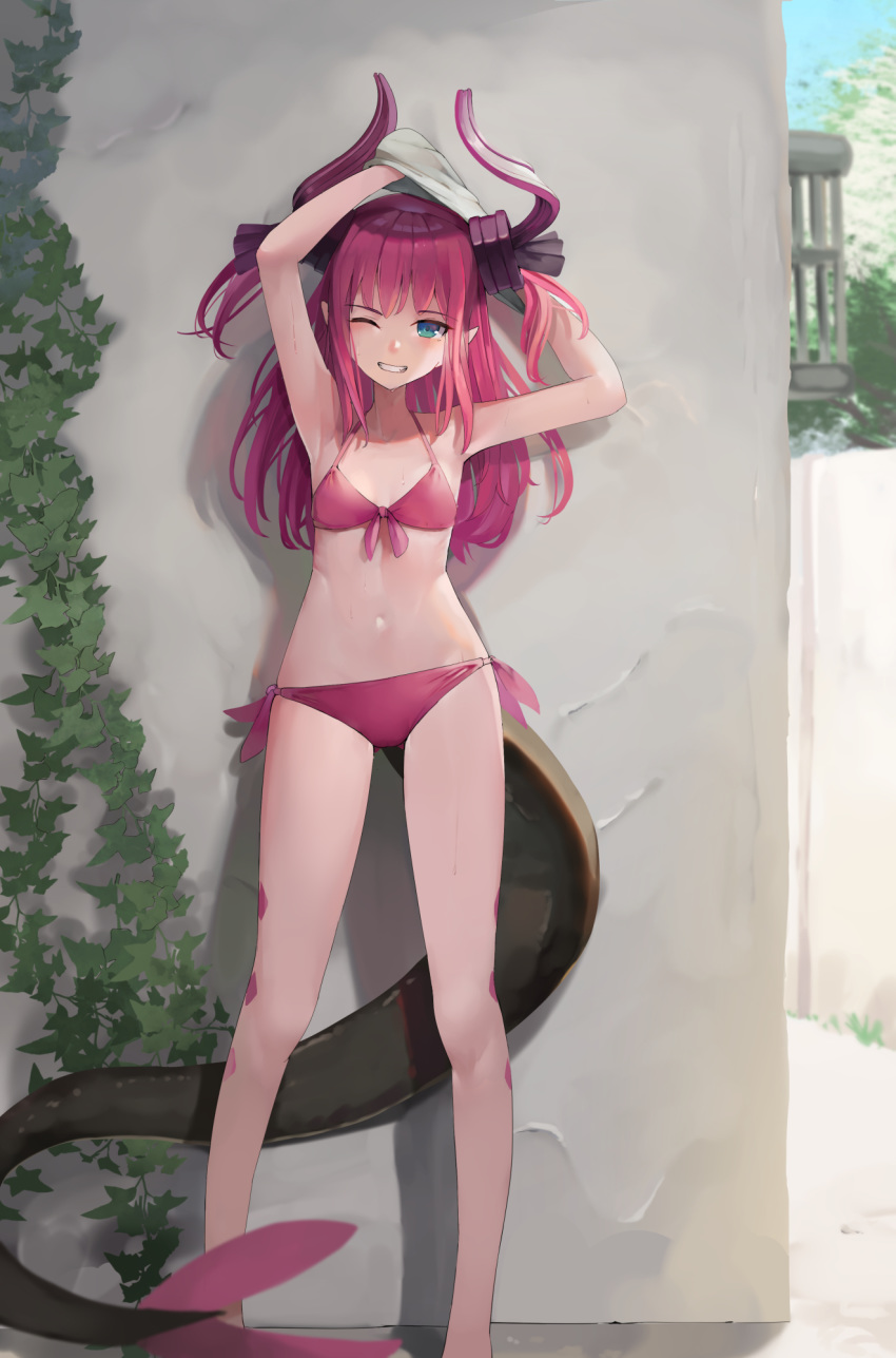 1girl arms_up asymmetrical_horns bikini blue_eyes building curled_horns day dragon_girl dragon_horns dragon_tail elizabeth_bathory_(fate) elizabeth_bathory_(fate)_(all) fate/extra fate/extra_ccc fate_(series) flat_chest front-tie_bikini front-tie_top highres horns long_hair navel one_eye_closed outdoors pink_bikini pink_hair pointy_ears side-tie_bikini solo standing sunga2usagi swimsuit tail two_side_up undressing