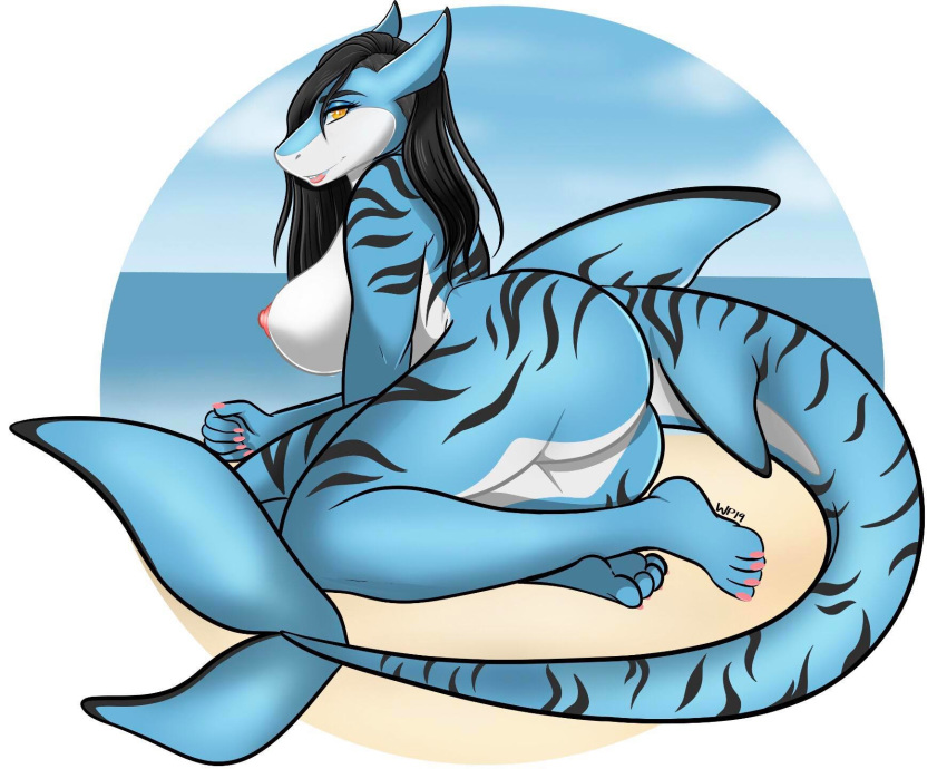 2019 anthro beach bedroom_eyes big_breasts big_butt black_hair breasts butt casual_nudity catsmeow colored_nails female fin fish hair half-closed_eyes hi_res long_tail looking_at_viewer marine nails nipples nude presenting presenting_hindquarters public_nudity requiem_shark sand seaside seductive selina_flores shark shoreline side_boob smile stripes tiger_shark water yellow_eyes