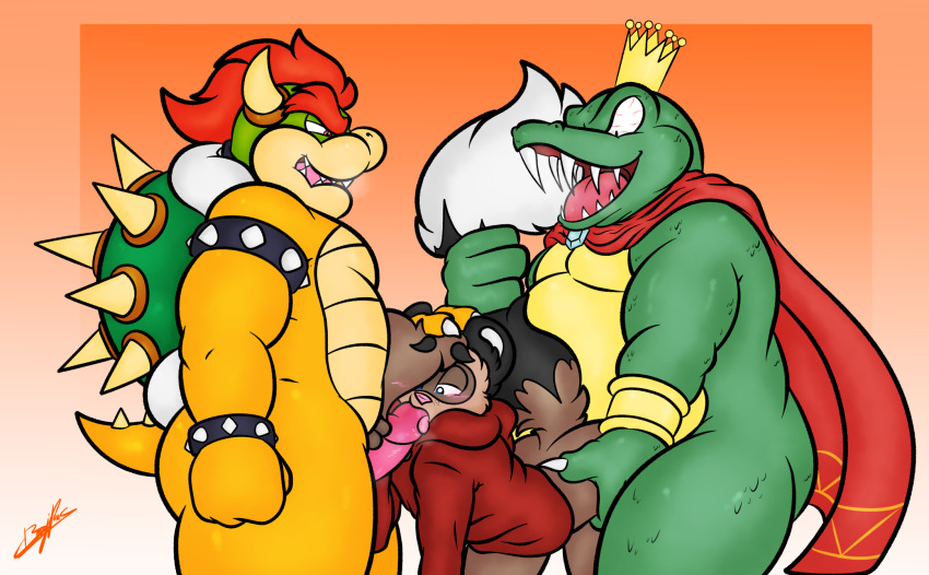 2019 anal anal_penetration benji benjipaws blush bowser cape clothing crocodile crocodilian crocodylid crossover crown domestic_ferret donkey_kong_(series) fellatio from_behind_(disambiguation) group group_sex hi_res hoodie humanoid_penis interspecies jewelry king_k._rool koopa licking male male_penetrated mammal mario_bros mustela mustelid musteline nintendo oral penetration penile penis petting reptile scalie sex slightly_chubby spikes spitroast threesome tongue tongue_out topwear turtle video_games