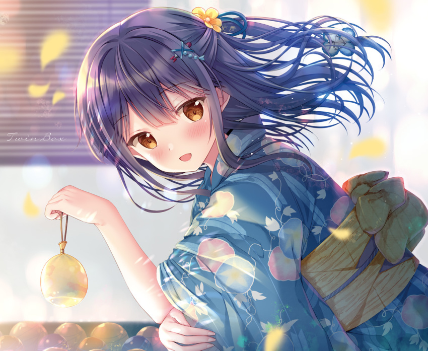 1girl azur_lane bangs blue_hair blue_kimono blue_ribbon blurry blurry_background blush bow brown_eyes character_request commentary_request depth_of_field eyebrows_visible_through_hair floral_print flower hair_between_eyes hair_flower hair_ornament hair_ribbon holding japanese_clothes kimono long_hair looking_at_viewer looking_to_the_side obi print_kimono ribbon sash short_sleeves solo sousouman upper_body wide_sleeves x_hair_ornament yellow_bow yellow_flower