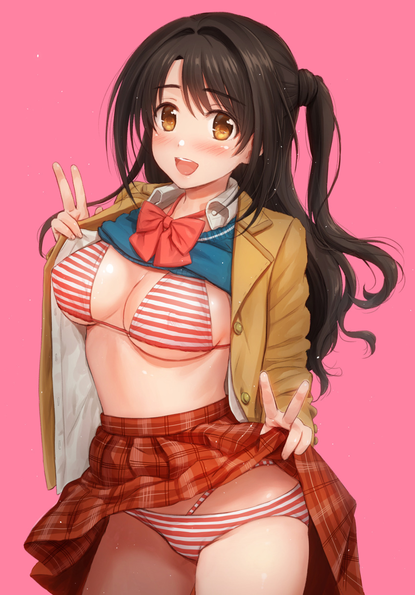 1girl bangs bikini bikini_under_clothes blazer blush bow bowtie breasts brown_eyes brown_hair cardigan cardigan_lift collared_shirt commentary_request double_v eri_(resia) eyebrows_visible_through_hair half_updo highres idolmaster idolmaster_cinderella_girls jacket lifted_by_self long_hair long_sleeves looking_at_viewer one_side_up open_clothes open_jacket open_mouth pink_background plaid plaid_skirt pleated_skirt red_neckwear red_skirt school_uniform shimamura_uzuki shirt shirt_lift simple_background skirt skirt_lift smile solo standing striped striped_bikini swimsuit v white_shirt