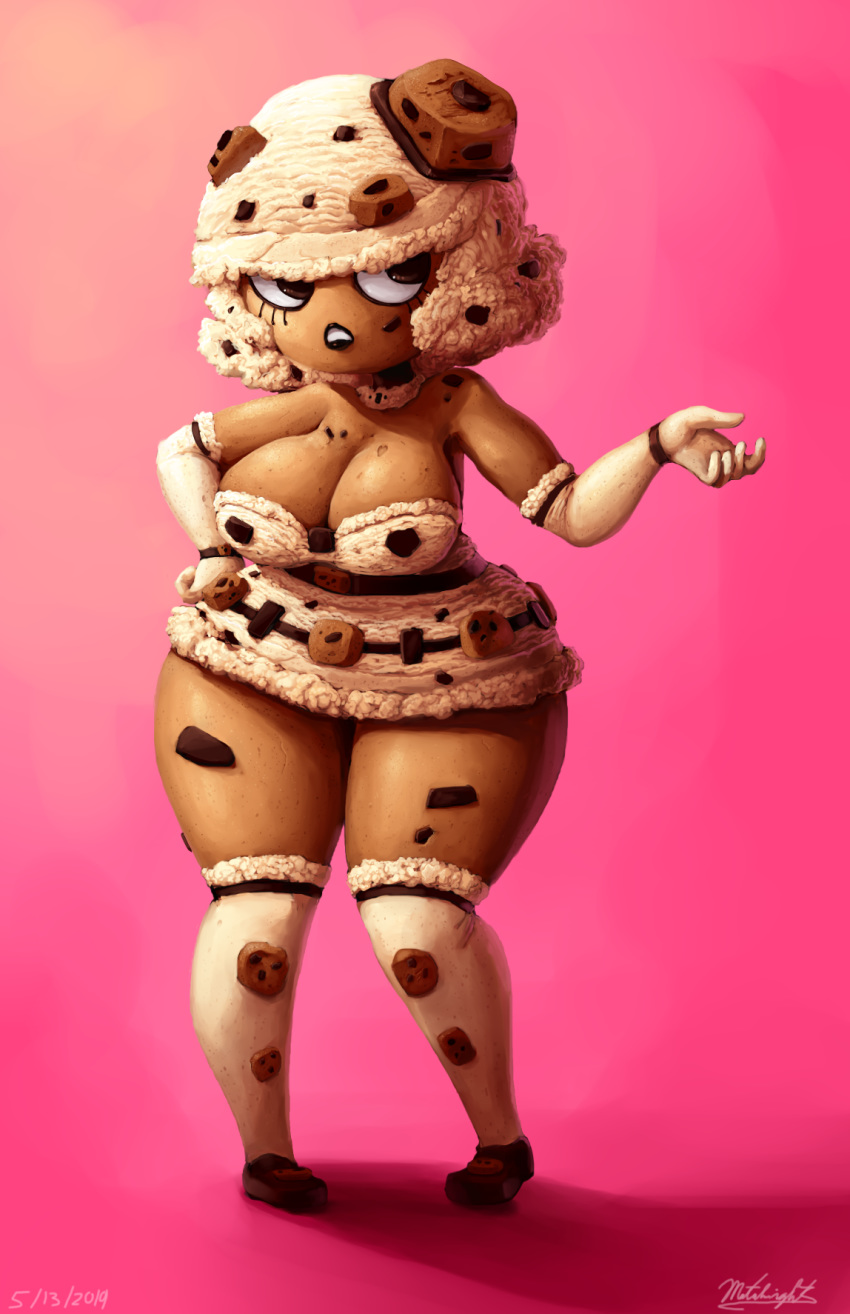bottomwear breasts brown_eyes clothing dessert female food food_creature frown hi_res humanoid ice_cream kneesocks mataknight miniskirt not_furry pink_background simple_background skirt solo standing wide_hips