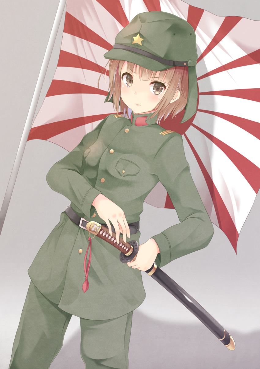1girl belt breast_pocket breasts brown_eyes brown_hair buttons cowboy_shot flag hat highres holding holding_weapon imperial_japanese_army katana looking_at_viewer medium_breasts military military_uniform pants pocket rising_sun shadow star sunburst sword uniform weapon