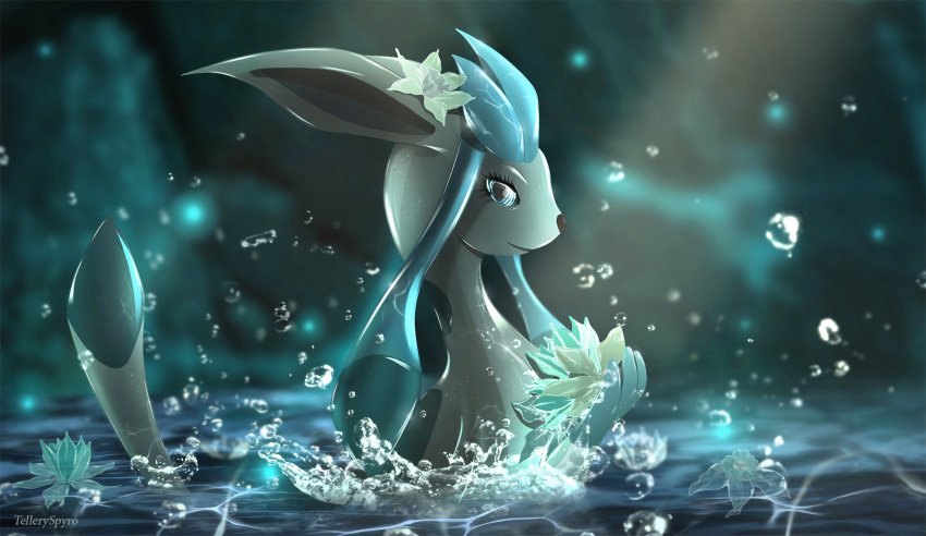 2019 anthro black_nose blue_eyes blue_theme digital_media_(artwork) eeveelution eyelashes female glaceon hi_res looking_at_viewer nintendo partially_submerged pok&eacute;mon pok&eacute;mon_(species) smile solo telleryspyro video_games water