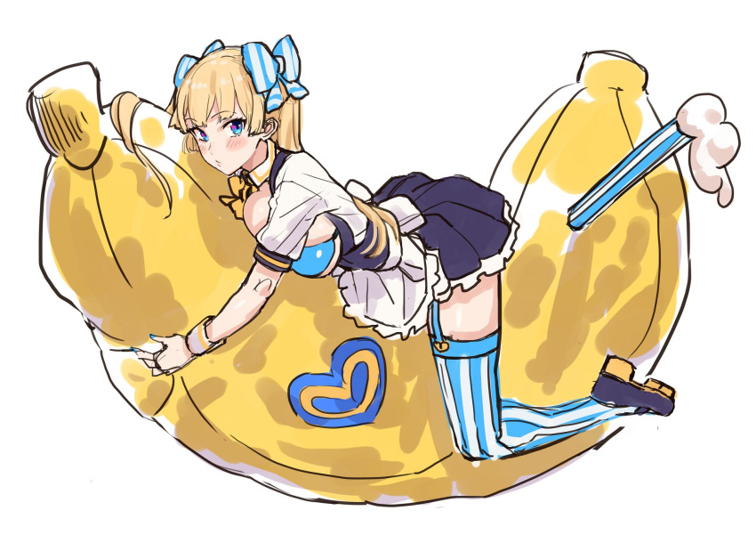 1girl apron banana_boat bikini_top blonde_hair blue_bikini_top blue_eyes blush_stickers breast_press breasts drinking_straw heart highres large_breasts lina_(michihasu) long_hair maid_apron maid_dress michihasu multicolored multicolored_eyes original purple_eyes ribbon sketch solo striped striped_legwear striped_ribbon twintails very_long_hair white_background