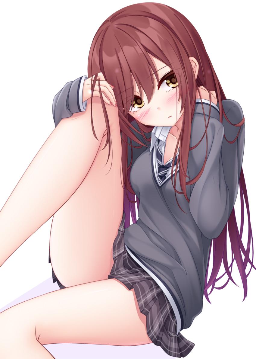 1girl bangs blush breasts brown_eyes brown_hair collarbone collared_shirt commentary_request dress_shirt eyebrows_visible_through_hair fingernails grey_skirt grey_sweater hair_between_eyes hands_up head_tilt highres idolmaster idolmaster_shiny_colors knee_up long_hair long_sleeves looking_at_viewer medium_breasts nail_polish oosaki_amana parted_lips plaid plaid_skirt pleated_skirt red_nails shirt skirt sleeves_past_wrists solo sweater very_long_hair white_shirt yoye_(pastel_white)