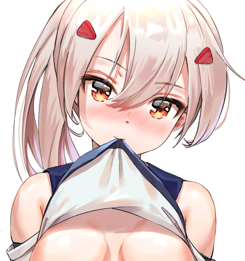 1girl ayanami_(azur_lane) azur_lane bangs bare_shoulders blush breasts closed_mouth detached_sleeves eyebrows_visible_through_hair facing_viewer hair_between_eyes hair_ornament hairclip head_tilt highres kian lifted_by_self light_brown_hair looking_at_viewer medium_breasts mouth_hold no_bra nose_blush orange_eyes out-of-frame_censoring ponytail shirt shirt_lift simple_background sleeveless sleeveless_shirt solo upper_body white_background