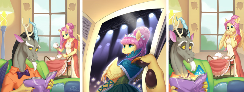 anthro anthrofied beverage comic cup discord_(mlp) duo equid equine fangs female fluttershy_(mlp) friendship_is_magic hi_res ladychimaera magazine male mammal my_little_pony pterippus tea tea_cup tea_pot wings