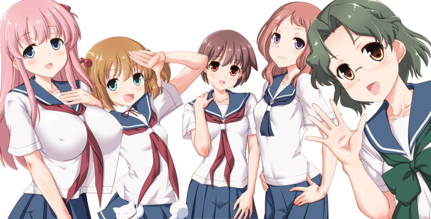 5girls blue_eyes blue_skirt blush breasts brown_eyes brown_hair covered_nipples eyebrows_visible_through_hair fang glasses green_hair hair_bobbles hair_ornament hand_on_hip haramura_nodoka highres kataoka_yuuki kiyosumi_school_uniform large_breasts looking_at_viewer miyanaga_saki multiple_girls neckerchief open_mouth pink_hair pleated_skirt purple_eyes red_hair red_neckwear saki school_uniform seushiki_(ponti-ron) shiny shiny_hair shiny_skin short_hair short_twintails simple_background skirt small_breasts smile someya_mako takei_hisa twintails white_background