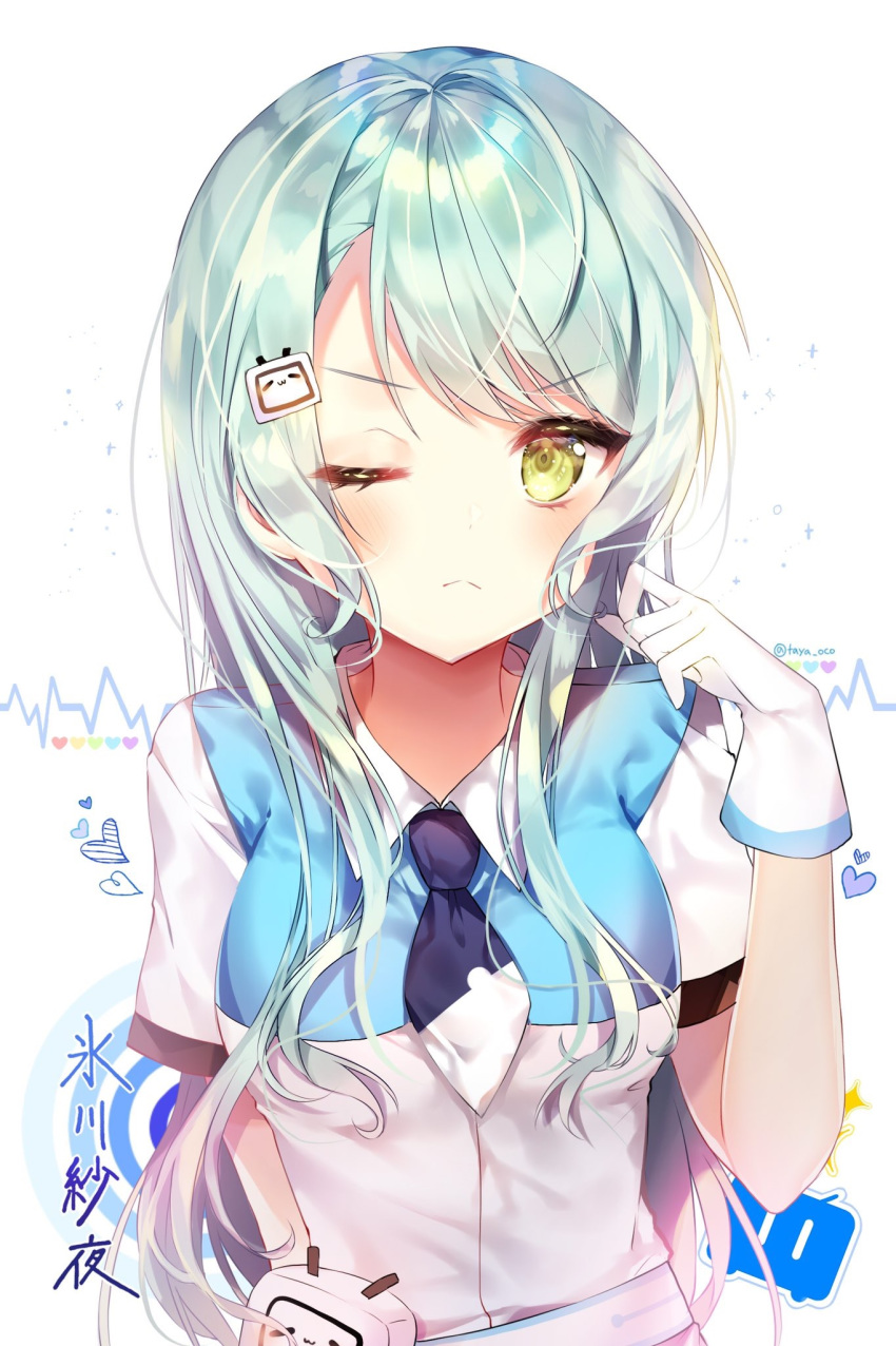 1girl ;&lt; bang_dream! bangs blue_neckwear blush breasts brown_eyes closed_mouth collared_shirt eyebrows_visible_through_hair gloves green_hair hair_ornament hand_up heart highres hikawa_sayo long_hair looking_at_viewer medium_breasts necktie shirt short_necktie short_sleeves solo taya_5323203 twitter_username very_long_hair white_background white_gloves white_shirt