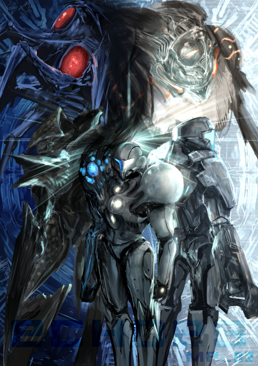 1girl 1other alien ambiguous_gender arm_cannon armor arms_at_sides back-to-back breastplate commentary_request dark_samus darkness feet_out_of_frame full_armor gauntlets glowing helmet highres ing_(metroid) light light_suit luminoth metroid metroid_prime_2:_echoes power_armor samus_aran shoulder_pads space_marines space_pirate standing user_urmt5588 visor_(armor) weapon
