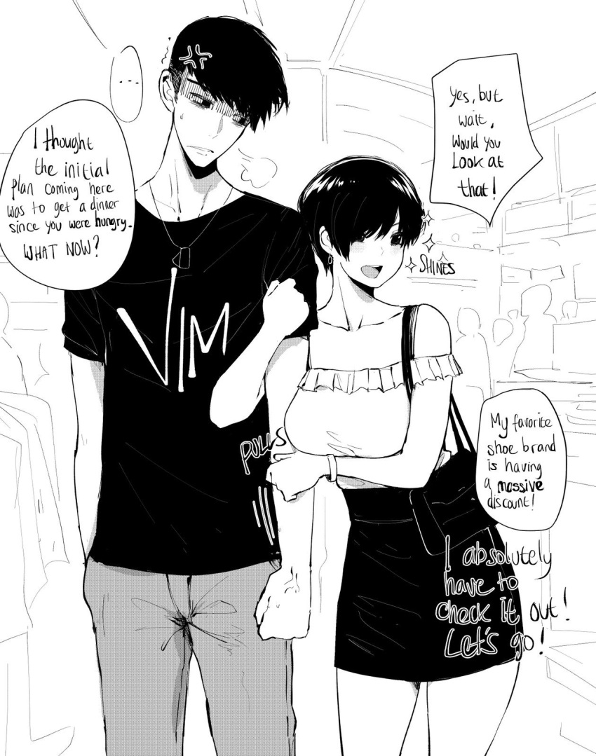 ... 1boy 1girl =3 anger_vein annoyed arm_hug bag clenched_hand couple earrings english_text greyscale handbag highres jewelry monochrome norman_maggot olive_laurentia original pencil_skirt pixie_cut shaded_face shirt shop shopping short_hair sigit_(norman_maggot) skirt spoken_ellipsis t-shirt