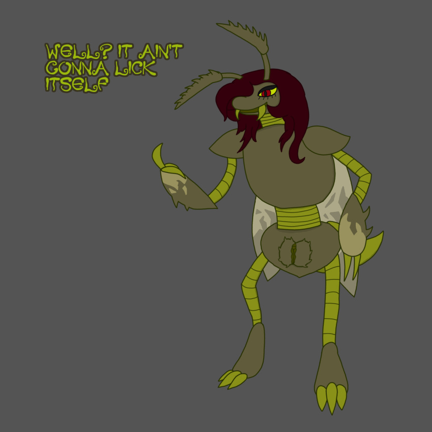 1:1 2019 anthro arthropod arthropod_abdomen arthropod_abdomen_genitalia arthropod_abdomen_pussy english_text female hi_res insect neopets pussy ruki_(neopets) solo standing text ymsxamel