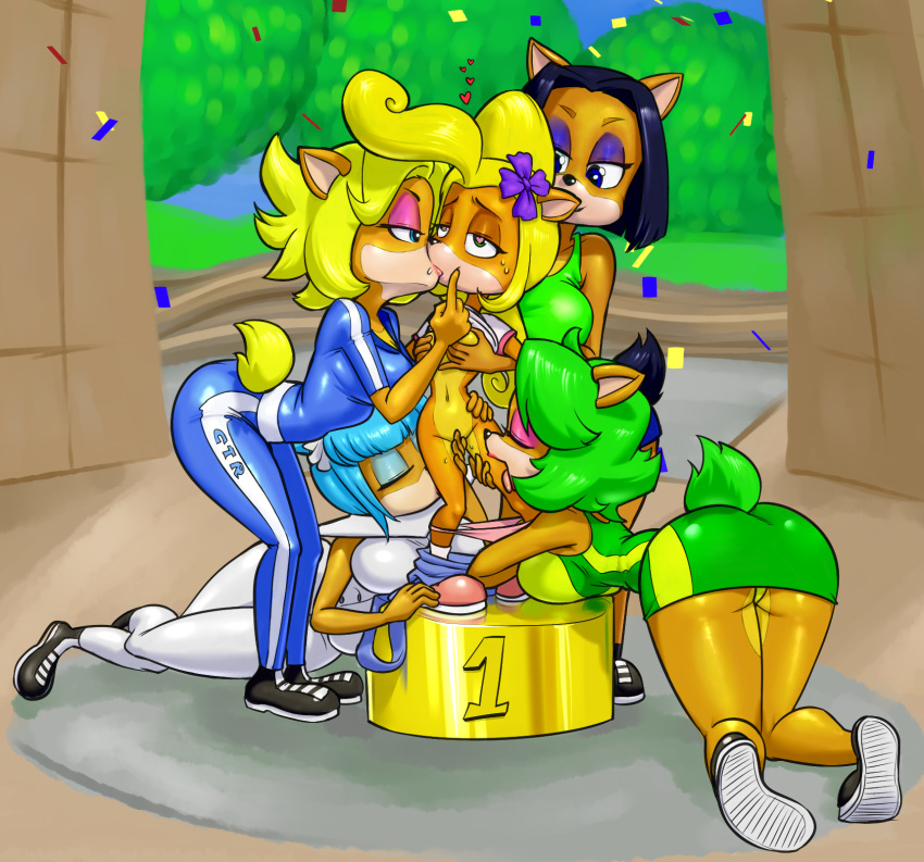 &lt;3 &lt;3_eyes ami_bandicoot anthro bandicoot black_hair blonde_hair blue_eyes blue_hair bodily_fluids bottomwear breast_grab breast_squish breasts butt clothing coco_bandicoot crash_bandicoot_(series) dress female female/female flower flower_in_hair footwear grabbing_from_behind green_eyes group hair hand_on_breast hi_res isabella_bandicoot kissing kneeling liz_bandicoot mammal mario-grant marsupial megumi_bandicoot naughty_dog panties panties_down pants plant raised_clothing raised_shirt shoes size_difference sony_corporation sony_interactive_entertainment squish standing sweat underwear undressing upskirt video_games young