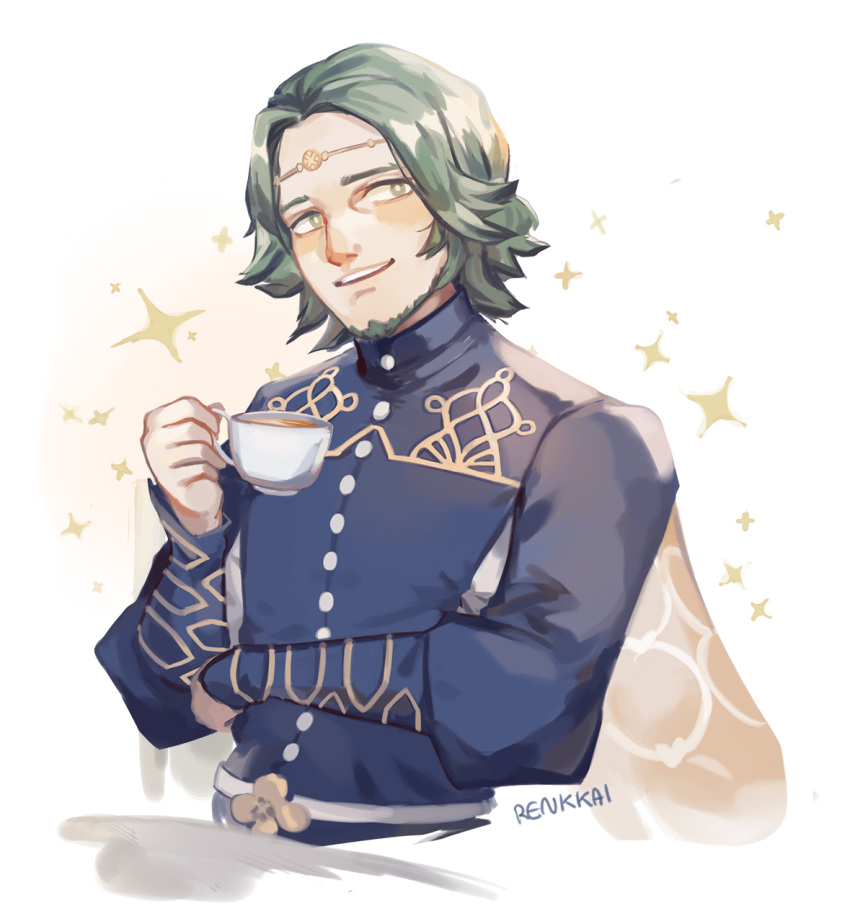 1boy arm_across_waist artist_name beard cape circlet cup facial_hair fire_emblem fire_emblem:_three_houses gold_trim green_eyes green_hair highres holding holding_cup long_sleeves male_focus open_mouth renkkai seteth_(fire_emblem) short_hair simple_background solo tea uniform upper_body white_background