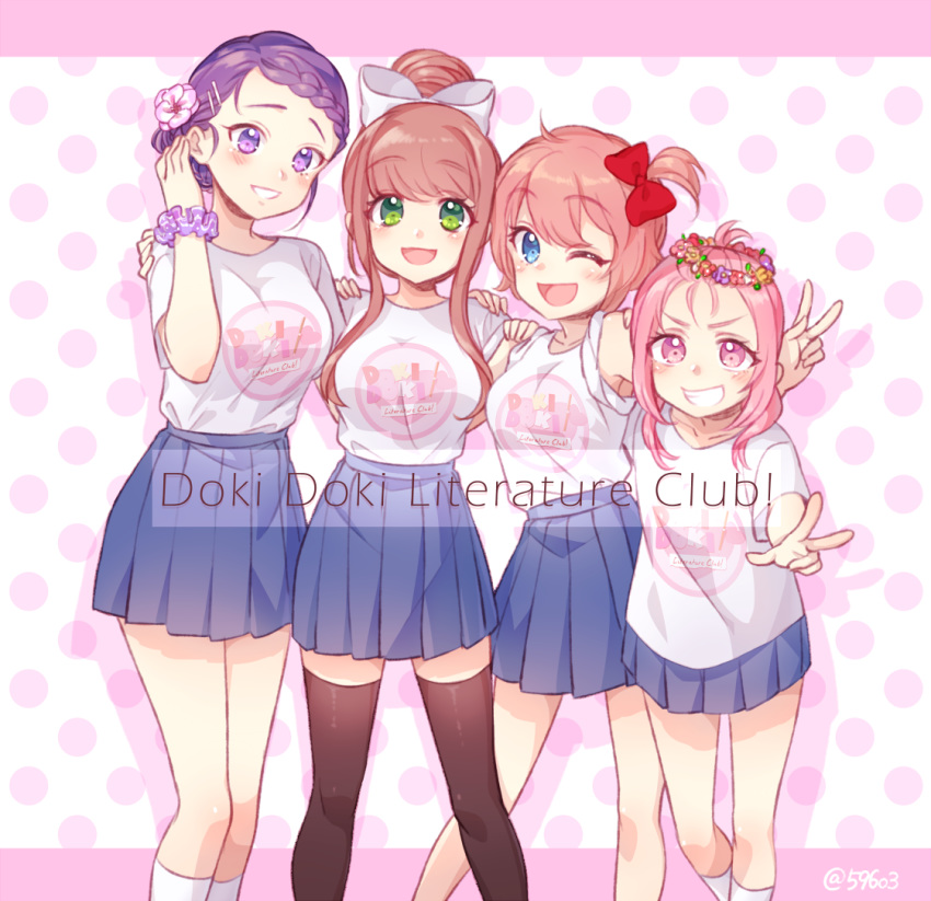 4girls ;d alternate_hairstyle black_legwear blue_eyes blue_skirt bow braid brown_hair commentary_request copyright_name doki_doki_literature_club english_text eyebrows_visible_through_hair flower girl_sandwich green_eyes grin hair_bow hair_flower hair_ornament hairclip hand_on_another's_shoulder head_wreath kneehighs leaning_forward looking_at_viewer monika_(doki_doki_literature_club) multiple_girls nan natsuki_(doki_doki_literature_club) one_eye_closed open_mouth parted_lips pink_background pink_eyes pink_hair pleated_skirt polka_dot polka_dot_background purple_eyes purple_hair red_bow romaji_text sandwiched sayori_(doki_doki_literature_club) scrunchie shirt silhouette skirt sleeves_rolled_up smile standing thighhighs twitter_username v w white_bow white_legwear white_shirt wrist_scrunchie yuri_(doki_doki_literature_club)