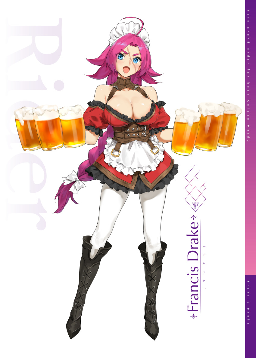 1girl absurdres ahoge alcohol apron bare_shoulders beer blue_eyes blush boots bow braid breasts cleavage corset cross-laced_footwear cup detached_sleeves dress fate/extra fate/grand_order fate_(series) francis_drake_(fate) frilled_dress frilled_sleeves frills full_body hair_bow high_heel_boots high_heels highres holding holding_cup knee_boots lace-up_boots large_breasts long_hair looking_at_viewer maid maid_apron maid_headdress open_mouth pantyhose pink_hair red_dress scar short_dress simple_background single_braid smile solo standing white_background white_legwear yang-do