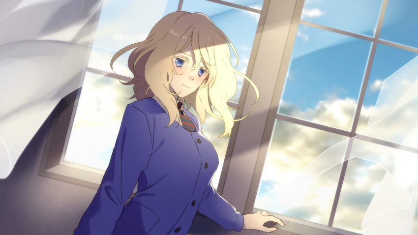 1girl amazuki_jou bangs bc_freedom_school_uniform blonde_hair blue_eyes blue_neckwear blue_sky blue_sweater cardigan closed_mouth cloud cloudy_sky commentary day diagonal_stripes dress_shirt dutch_angle eyelashes girls_und_panzer hand_on_wall highres indoors long_sleeves looking_at_viewer medium_hair messy_hair necktie oshida_(girls_und_panzer) red_neckwear school_uniform shirt sky smile solo standing striped striped_neckwear sweater white_shirt wind window wing_collar