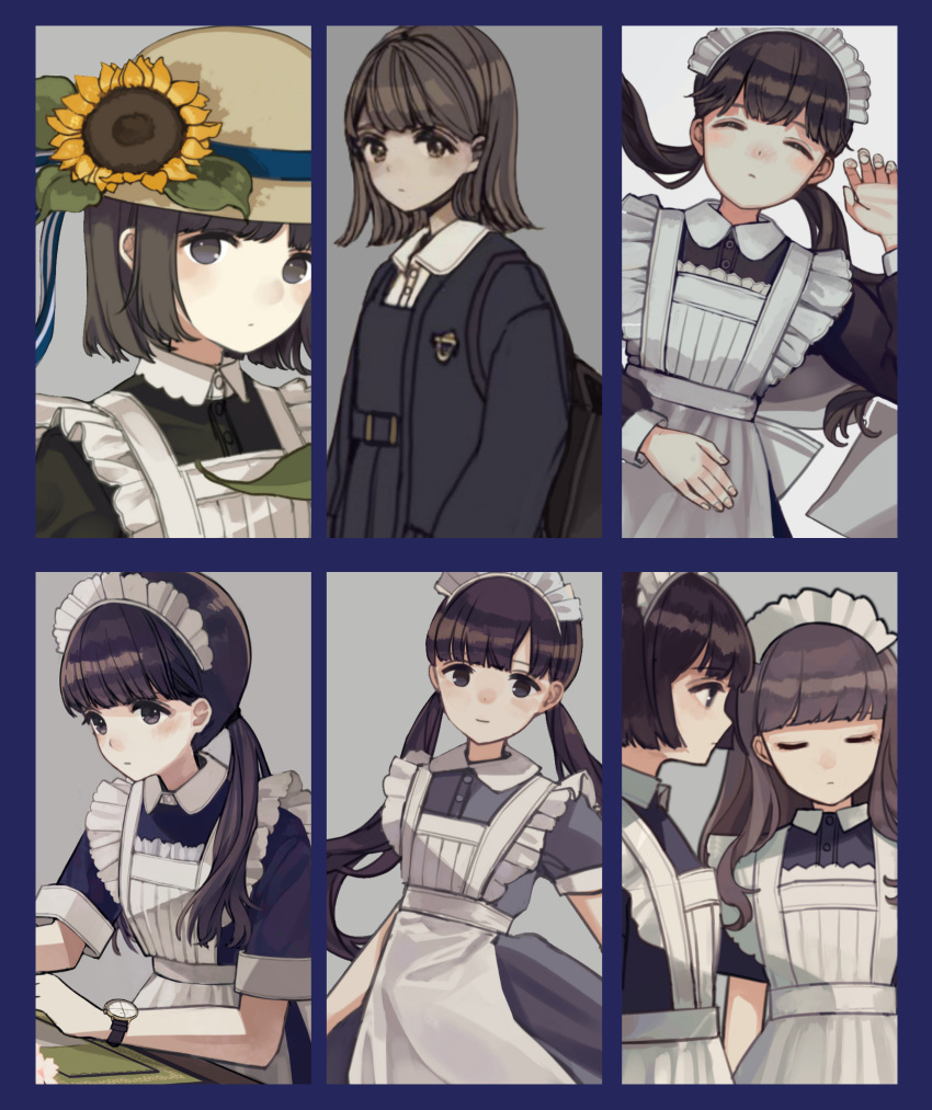 2girls apron bangs black_dress black_hair black_jacket blunt_bangs brown_eyes brown_hair brown_headwear closed_eyes closed_mouth collared_shirt commentary_request dress dress_shirt eyebrows_behind_hair eyebrows_visible_through_hair fingernails flower hat hat_flower highres jacket kashiwagi_chisame light_smile long_hair low_twintails lying maid maid_apron maid_headdress multiple_girls on_back open_clothes open_jacket original pinafore_dress profile puffy_short_sleeves puffy_sleeves school_uniform shirt short_hair short_sleeves sun_hat sunflower twintails very_long_hair watch white_apron white_shirt wristwatch yellow_flower