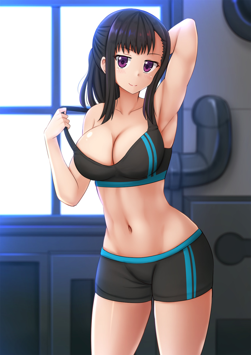 1girl arm_behind_head arm_up armpits bare_arms bare_shoulders black_hair black_shorts blush breasts cleavage closed_mouth collarbone commentary cowboy_shot crop_top enen_no_shoubotai hand_up highres indoors kazenokaze large_breasts long_hair looking_at_viewer maki_oze midriff navel ponytail purple_eyes short_shorts shorts sidelocks sleeveless smile solo sports_bra standing stomach strap_pull thighs window
