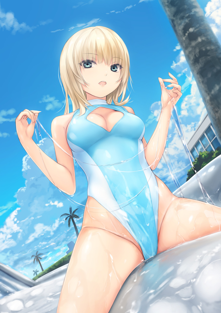 1girl bare_shoulders blonde_hair blue_sky blue_swimsuit breasts building bush cleavage_cutout cloud coffee-kizoku commentary_request competition_swimsuit day eyebrows_visible_through_hair groin hands_up highleg highleg_swimsuit highres long_hair lotion medium_breasts one-piece_swimsuit open_mouth original outdoors skindentation sky solo straddling swimsuit thighs tree wet