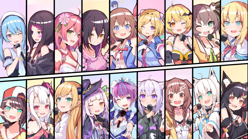 6+girls absurdres akai_haato aki_rosenthal animal_ears azki_(vsinger) beret commentary_request fang hair_ornament hat highres hololive horns hoshimachi_suisei inugami_korone long_hair looking_at_viewer minato_aqua multiple_girls murasaki_shion nakiri_ayame natsuiro_matsuri nekomata_okayu one_eye_closed ookami_mio oozora_subaru open_mouth roboco-san sakura_miko shirakami_fubuki short_hair tokino_sora tokino_sora_channel virtual_youtuber yozora_mel yuzuki_choco