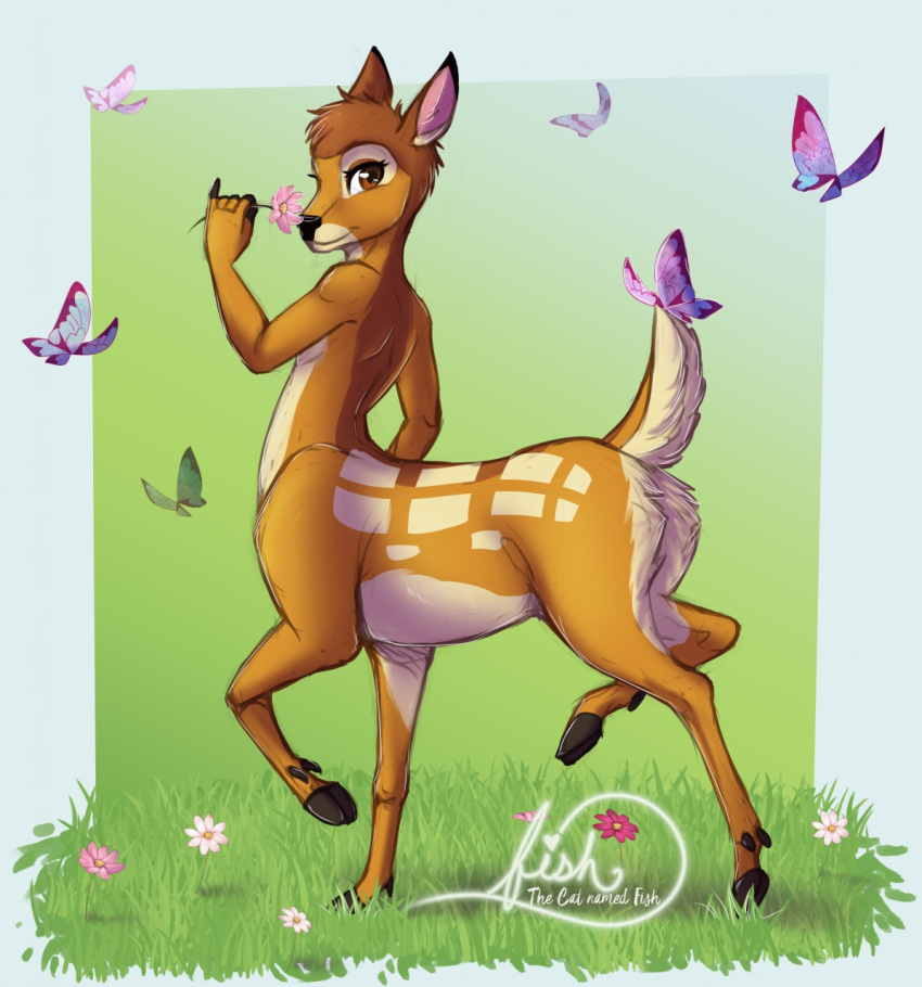 2019 arthropod bambi bambi_(film) black_nose brown_eyes brown_fur brown_hair butterfly capreoline catnamedfish cervid cervid_taur disney flower_in_hand fur hair hi_res insect lepidopteran male mammal mammal_taur nude solo taur young