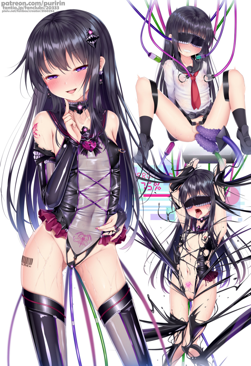 1girl akatsuki_(kantai_collection) anal anchor_symbol armpits arms_up barcode_tattoo bare_shoulders bdsm black_footwear black_hair black_legwear black_sailor_collar black_skirt blindfold blush bondage bound bridal_gauntlets censored choker commentary_request corruption covered_navel covered_nipples dark_persona diffraction_spikes dildo double_penetration earrings eyebrows_visible_through_hair flat_chest glowing groin hair_ornament hand_up heart_lock_(kantai_collection) highleg highleg_leotard highres injection jewelry kantai_collection knees_together_feet_apart leotard loafers long_hair multiple_views nail_polish neckerchief nipple_piercing nipple_rings nose_blush open_mouth piercing piercing_over_clothes pleated_skirt pubic_tattoo puririn purple_eyes purple_nails pussy red_neckwear restrained ring sailor_collar school_uniform see-through serafuku shinkaisei-kan shoes skindentation skirt socks spread_legs suction_cups sweat syringe tattoo thigh_tattoo thighhighs tongue tongue_out vaginal watermark web_address