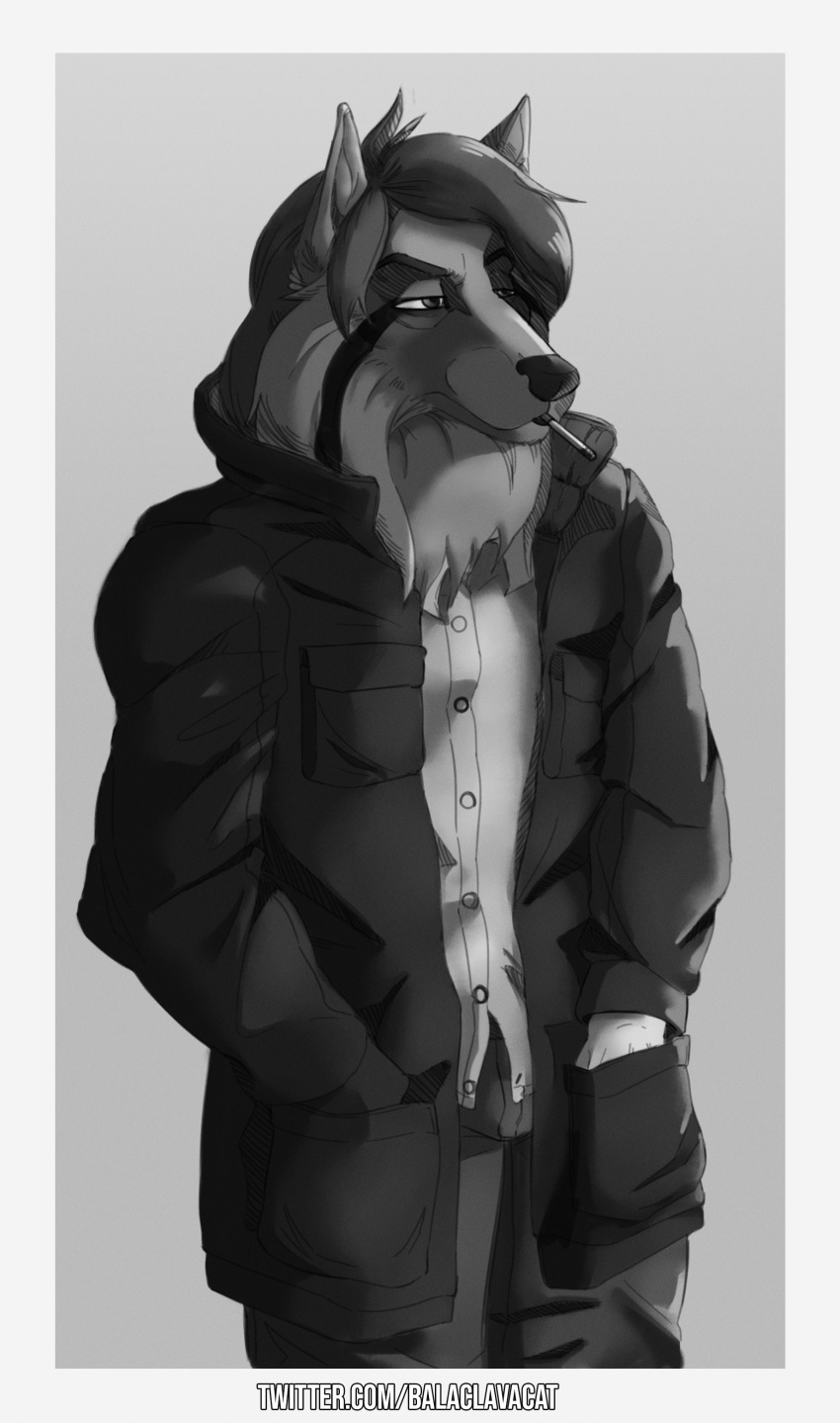 2019 absurd_res anthro balaclavacat biped black_and_white canid canine canis cel_shading cigarette clothed clothing collie detective digital_media_(artwork) domestic_dog facial_hair fur hair herding_dog hi_res male mammal monochrome noir pastoral_dog rough_collie sheepdog simple_background simple_shading solo standing trenchcoat url vintage