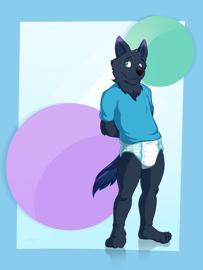 2018 anthro biped black_fur black_nose canid canine canis clothing diaper fur green_eyes hi_res mammal padded_tennet shirt solo standing topwear wolf