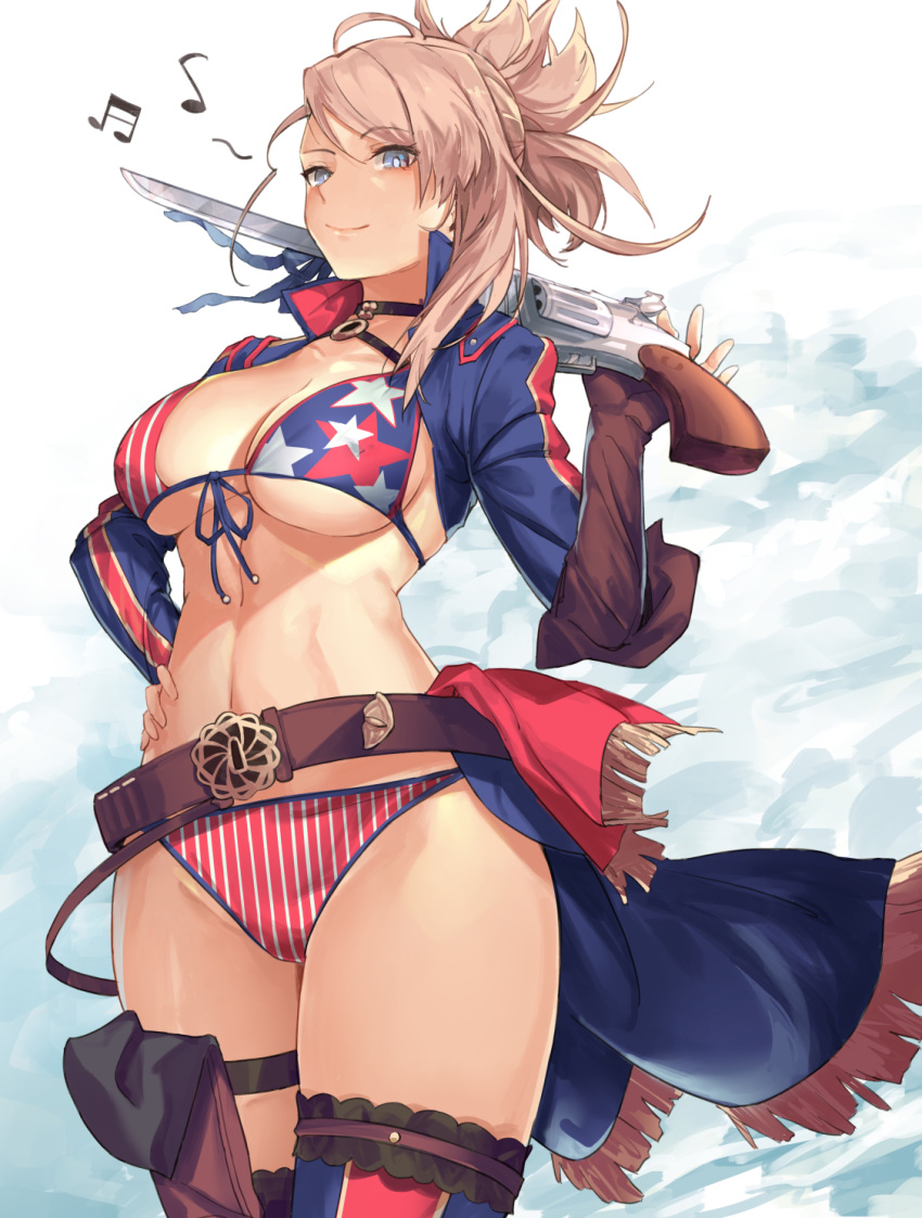 1girl american_flag_bikini asymmetrical_hair bangs belt bikini bk201 blue_eyes blush breasts cleavage closed_mouth fate/grand_order fate_(series) flag_print gun highres large_breasts long_hair looking_at_viewer miyamoto_musashi_(fate/grand_order) miyamoto_musashi_(swimsuit_berserker)_(fate) musical_note navel pink_hair ponytail shrug_(clothing) smile solo swept_bangs swimsuit thighhighs thighs weapon