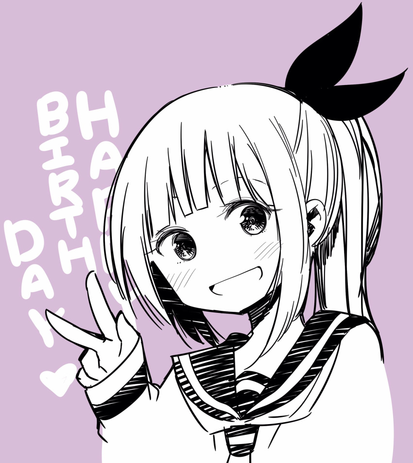 1girl aida_rikako bangs birthday blunt_bangs commentary_request english_text greyscale hair_ribbon happy_birthday heart highres igarashi_masakuni long_hair long_sleeves looking_at_viewer monochrome official_art ootsuki_koto ponytail ribbon school_uniform seiyuu_connection senryuu_shoujo sidelocks smile solo spot_color upper_body v