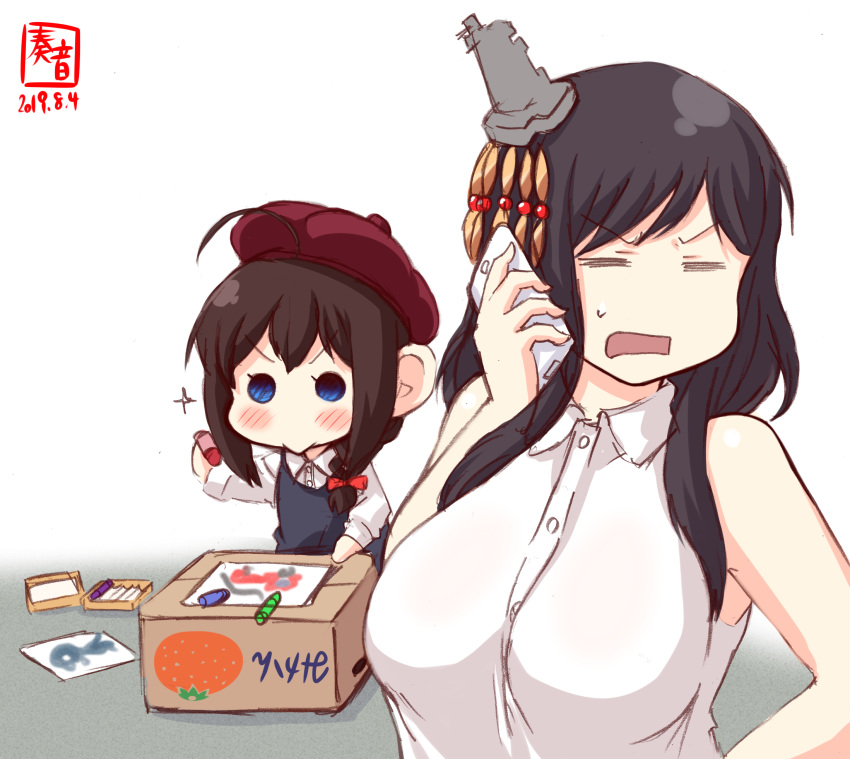 2girls =_= alternate_costume artist_logo bare_shoulders beret black_hair blue_eyes box braid brown_hair cardboard_box cellphone child_drawing closed_eyes commentary_request crayon dated drawing hair_ornament hair_over_shoulder hat highres holding holding_cellphone holding_phone kanon_(kurogane_knights) kantai_collection long_hair mikan_box multiple_girls open_mouth paper phone red_headwear shigure_(kantai_collection) shirt signature single_braid sleeveless sleeveless_shirt smartphone sparkle white_shirt yamashiro_(kantai_collection) younger