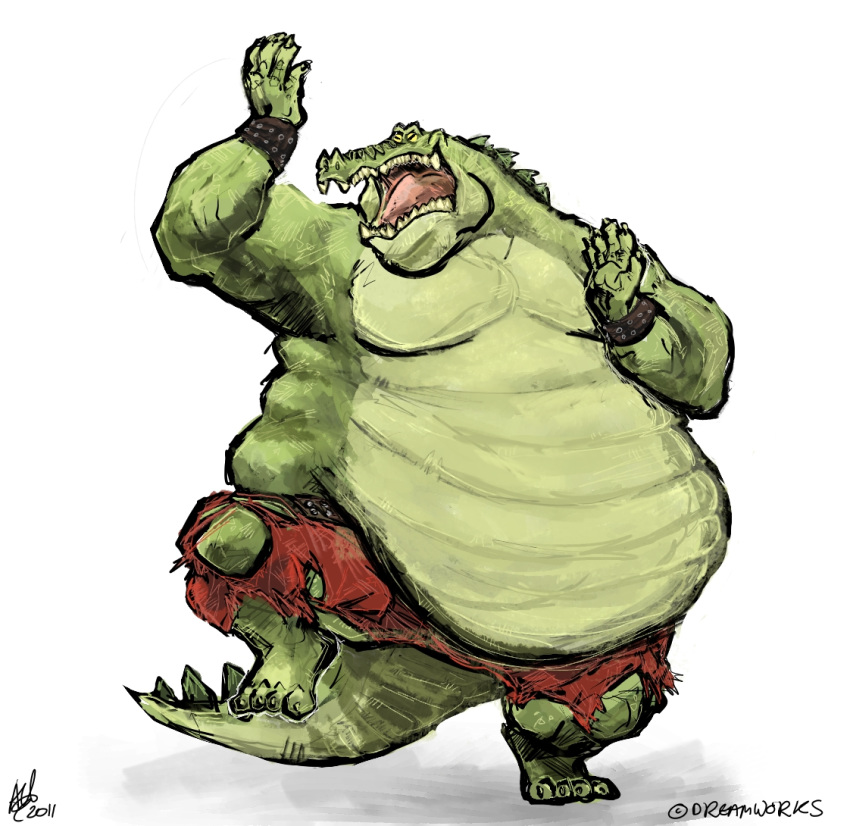 anthro aokmaidu belly belly_overhang big_belly biped claws clothed clothing crocodile crocodilian crocodylid dreamworks green_scales kung_fu_panda male moobs obese obese_male on_one_leg open_mouth overweight overweight_male pose reptile scales scalie simple_background solo standing teeth toe_claws tongue topless torn_clothing white_background wristband