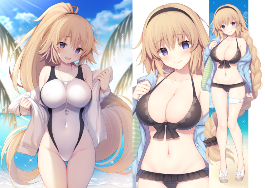 1girl :d absurdly_long_hair ass_visible_through_thighs bag bangs bare_shoulders bikini black_bikini blonde_hair blue_eyes blue_jacket blue_sky blush braid breasts cleavage collarbone cowboy_shot day eyebrows_visible_through_hair fate/grand_order fate_(series) front-tie_bikini front-tie_top full_body groin hair_between_eyes hair_ornament hair_scrunchie hairband halter_top halterneck head_tilt hood hooded_jacket jacket jeanne_d'arc_(fate)_(all) jeanne_d'arc_(swimsuit_archer) large_breasts long_hair long_sleeves looking_at_viewer miko_92 navel off_shoulder open_clothes open_jacket open_mouth outdoors ponytail purple_eyes sandals scrunchie shoulder_bag single_braid skindentation sky smile solo swimsuit thighs very_long_hair white_jacket white_swimsuit