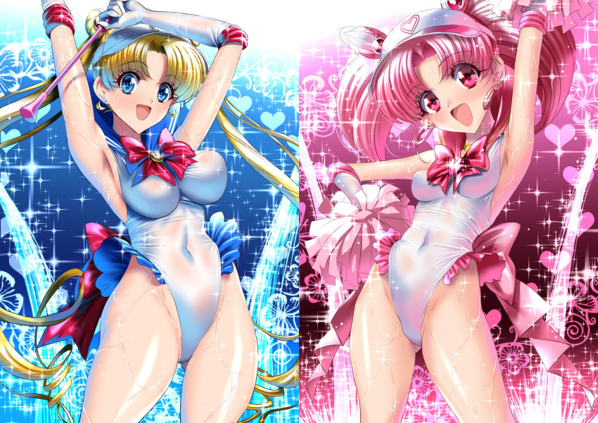 2girls adapted_costume back_bow baton bishoujo_senshi_sailor_moon blonde_hair blue_background blue_eyes blue_headwear blue_sailor_collar bow cheerleader chibi_usa choker commentary_request covered_navel cowboy_shot double_bun elbow_gloves floral_background gloves gold_choker hair_ornament heart highleg highleg_leotard impossible_clothes impossible_leotard leotard long_hair looking_at_viewer magical_girl multiple_girls open_mouth pink_background pink_bow pink_hair pink_sailor_collar pom_poms red_bow red_eyes sailor_chibi_moon sailor_collar sailor_moon sailor_senshi_uniform sen_(sansui) shiny smile sparkle_background split_theme standing tsukino_usagi twintails very_long_hair visor_cap wet wet_clothes white_gloves white_leotard