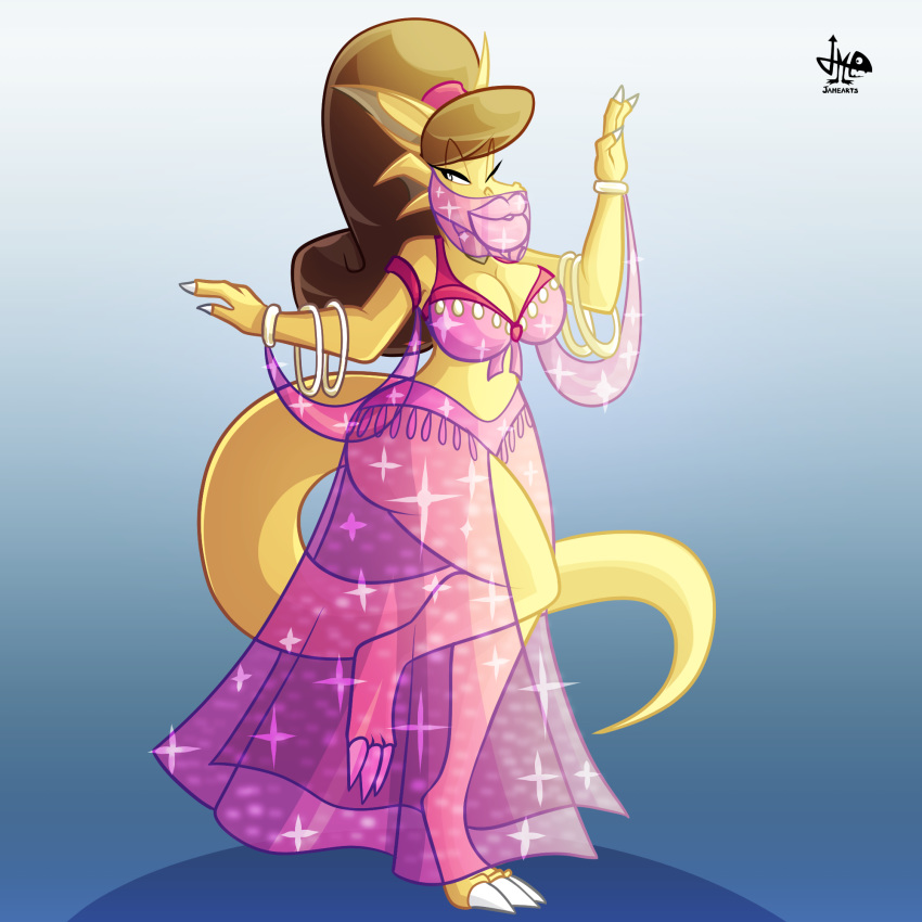 1:1 2018 3_toes anthro bellydancing breasts brown_hair claws cleavage clothed clothing dragon eyelashes female finger_claws hair hi_res jamearts lips non-mammal_breasts on_one_leg rebecca_(jamearts) smile solo standing toe_claws toes