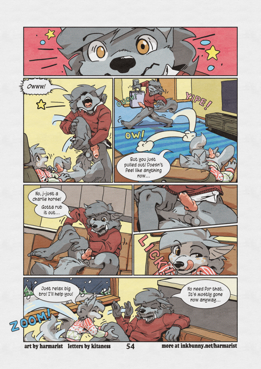 alex_(harmarist) anthro balls black_nose brother brothers canid canine canis comic cub duo english_text erection fur grey_fur harmarist hi_res kitaness male mammal open_mouth penis sibling speech_bubble text tongue will_(harmarist) wolf young