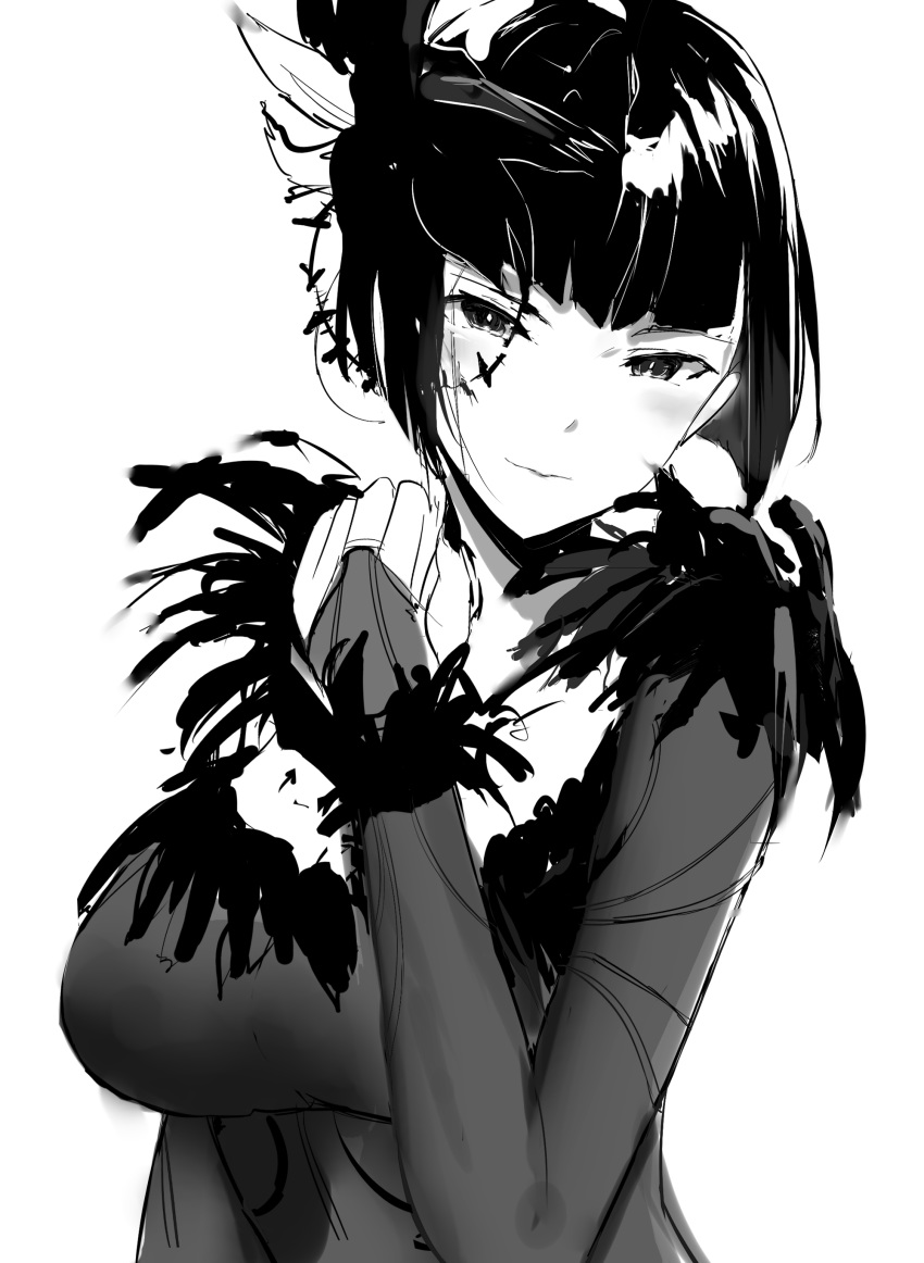 112san 1girl absurdres anna_williams bangs breasts bridal_gauntlets dress feather-trimmed_sleeves feather_boa hair_ornament highres large_breasts monochrome short_hair tekken tekken_7 veil