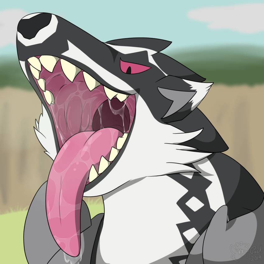 1:1 2019 ambiguous_gender anthro bodily_fluids close-up drooling fur gums hi_res long_tongue looking_down mammal mouth_shot mustelid nintendo obstagoon open_mouth outside pixelthegryphon pok&eacute;mon pok&eacute;mon_(species) portrait red_eyes saliva sharp_teeth smile teeth tongue tongue_out video_games