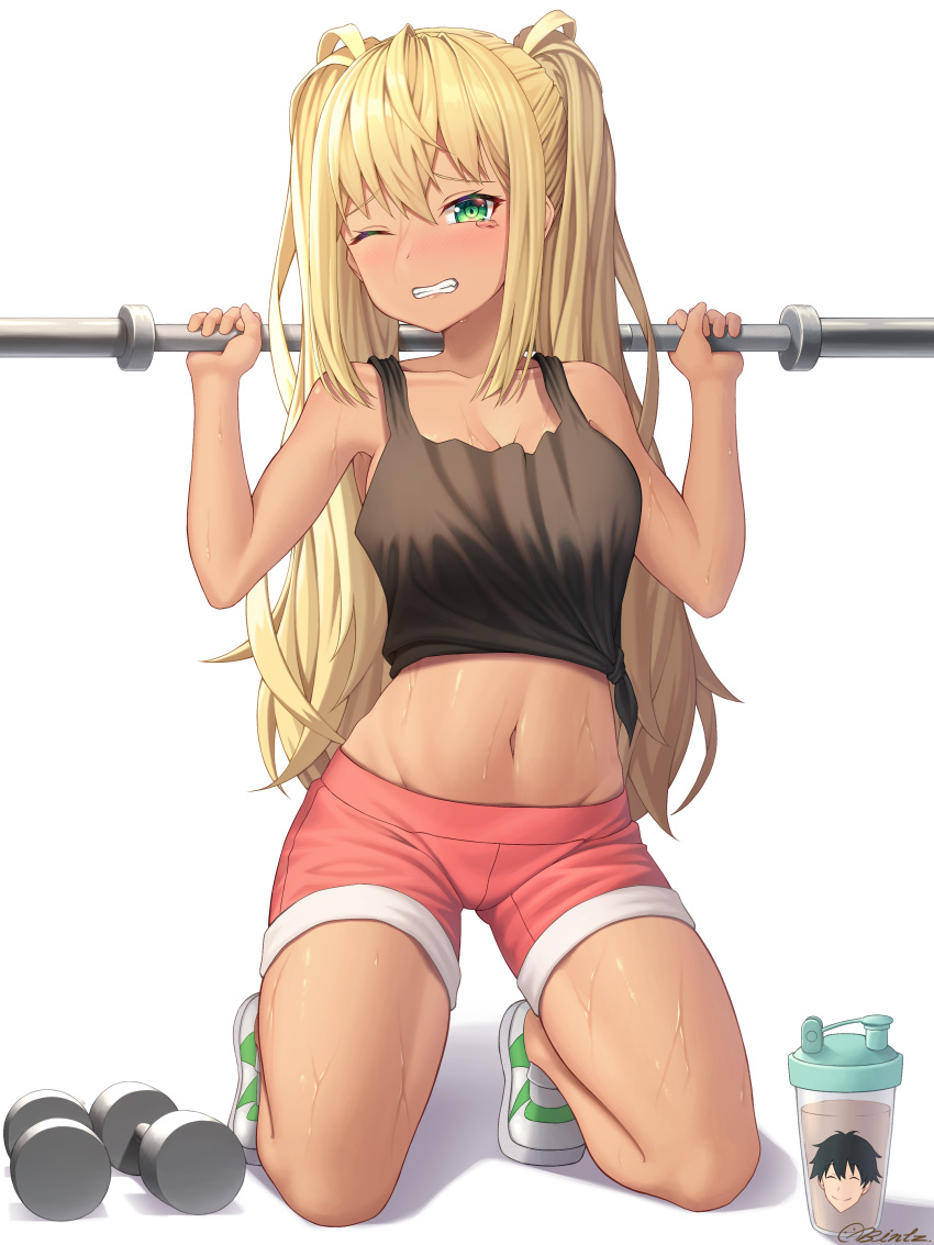 1girl absurdres bare_arms bare_legs bare_shoulders bintz black_shirt blonde_hair breasts cleavage clenched_teeth collarbone commentary_request crop_top cup danberu_nan_kiro_moteru? dumbbell green_eyes groin hands_up highres kneeling lifting long_hair looking_at_viewer medium_breasts midriff navel one_eye_closed open_mouth red_shorts sakura_hibiki_(danberu_nan_kiro_moteru?) shadow shirt shoes short_shorts shorts sidelocks sleeveless sleeveless_shirt sneakers solo sweat tank_top tears teeth twintails twitter_username white_background