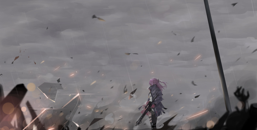 1girl ar-15 black_legwear blurry blurry_foreground cloud cloudy_sky commentary_request depth_of_field dokomon girls_frontline gloves grey_jacket gun holding holding_gun holding_weapon jacket kneehighs korean_commentary long_hair long_sleeves object_namesake one_side_up open_clothes open_jacket outdoors overcast pink_hair rain red_gloves rifle shirt single_kneehigh single_leg_pantyhose sky solo st_ar-15_(girls_frontline) weapon white_shirt