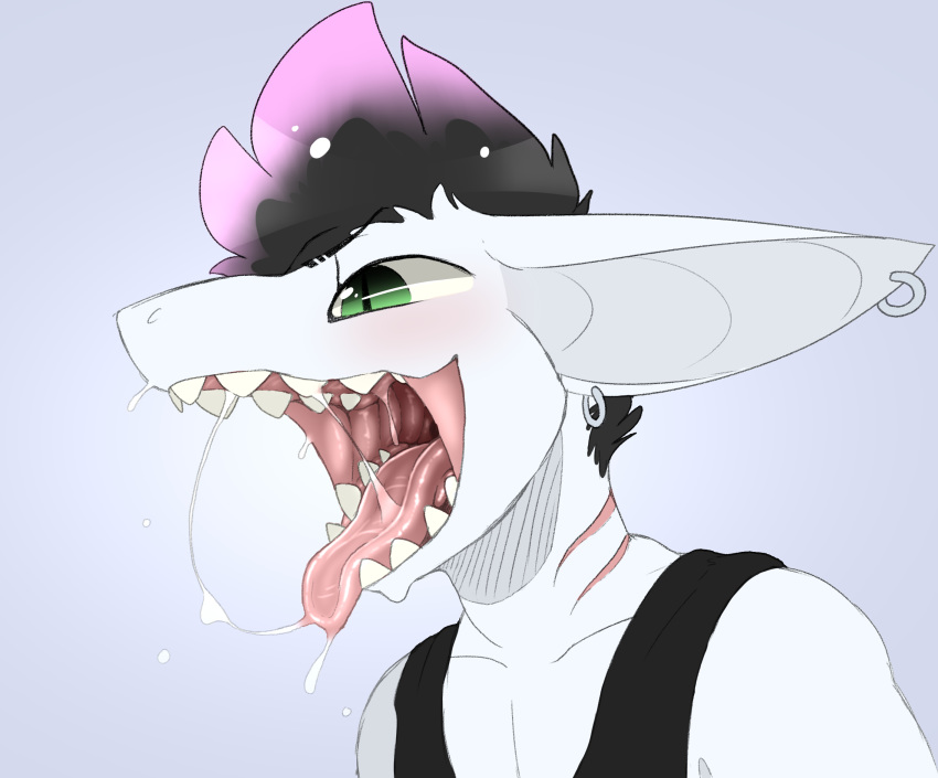 2019 anthro backsash bodily_fluids digital_media_(artwork) ear_piercing ear_ring fish gaping_mouth green_eyes hair hi_res male mammal marine mouth_shot open_mouth piercing saliva sash_(backsash) shark simple_background solo teeth tongue tongue_out